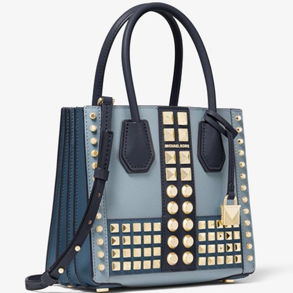 NEW Michael Kors Studded Tote Blue Leather Satchel - Picture 5 of 7
